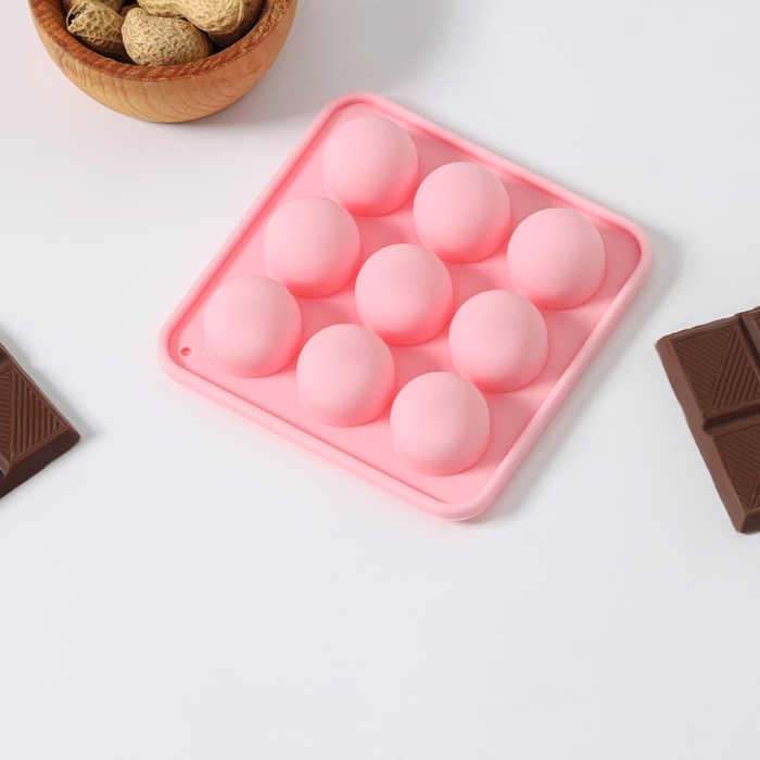 Форма для льда Доляна «Шары», 10.5×10.5×2 см, 9 ячеек (d=1.9 см), розовая - Фото 1