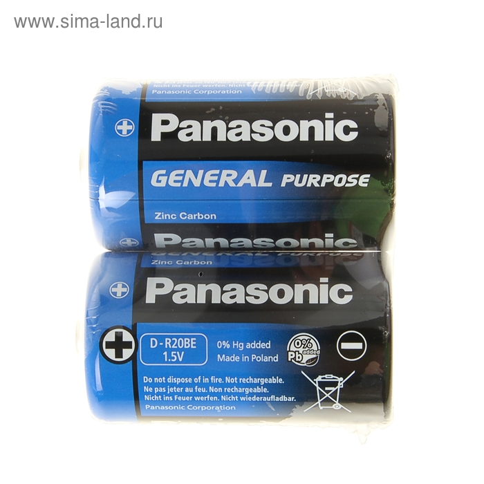 Батарейка солевая Panasonic General Purpose, D, R20-2S, 1.5В, спайка, 2 шт. - Фото 1