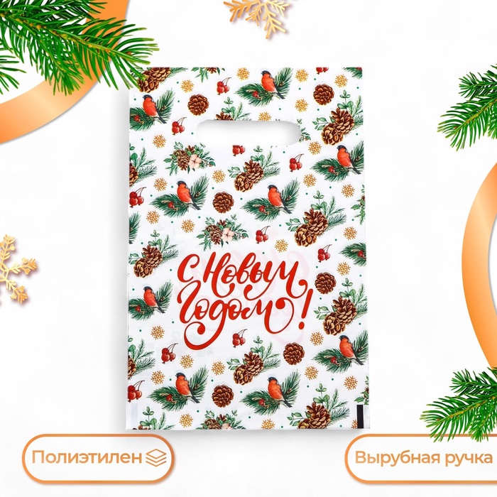 Пакет полиэтиленовый с вырубной ручкой "С Новым годом, снегири", 20×30 см - Фото 1