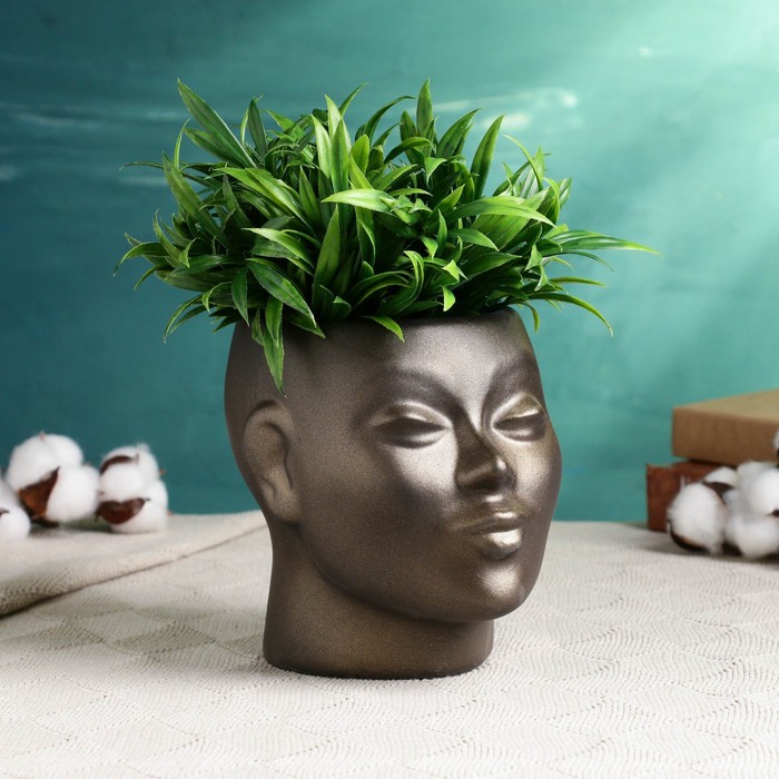 Фигурное кашпо "Голова девушки" черно-золотое, 16х14х16см - Фото 1