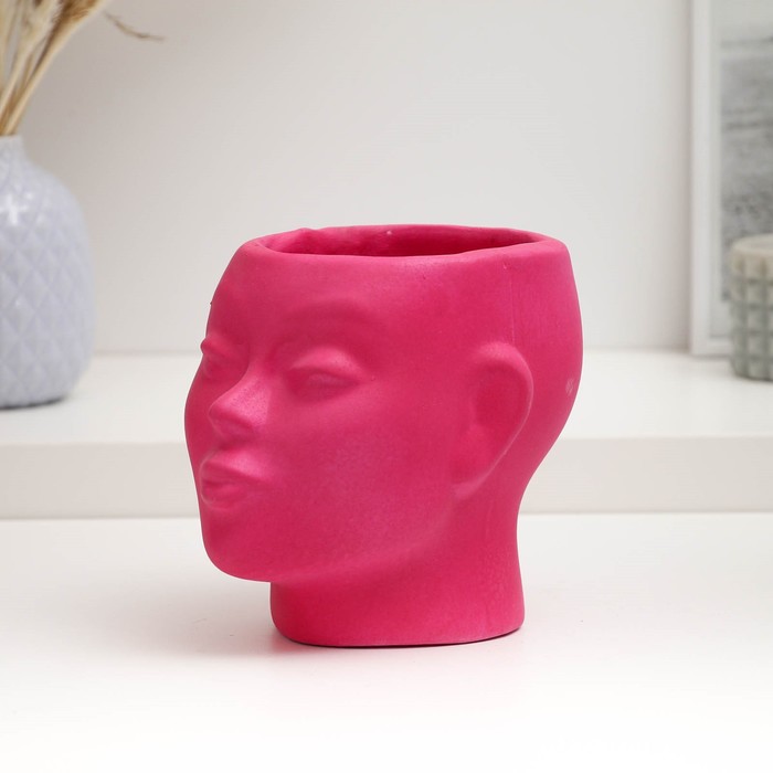 Фигурное кашпо "Голова девушки" розовое, 16х14х16см - фото 1909279676