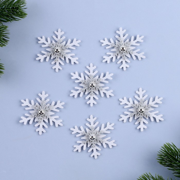Новогодний декор «Снежинка», цвет белый с серебром, набор 6 шт. - Фото 1