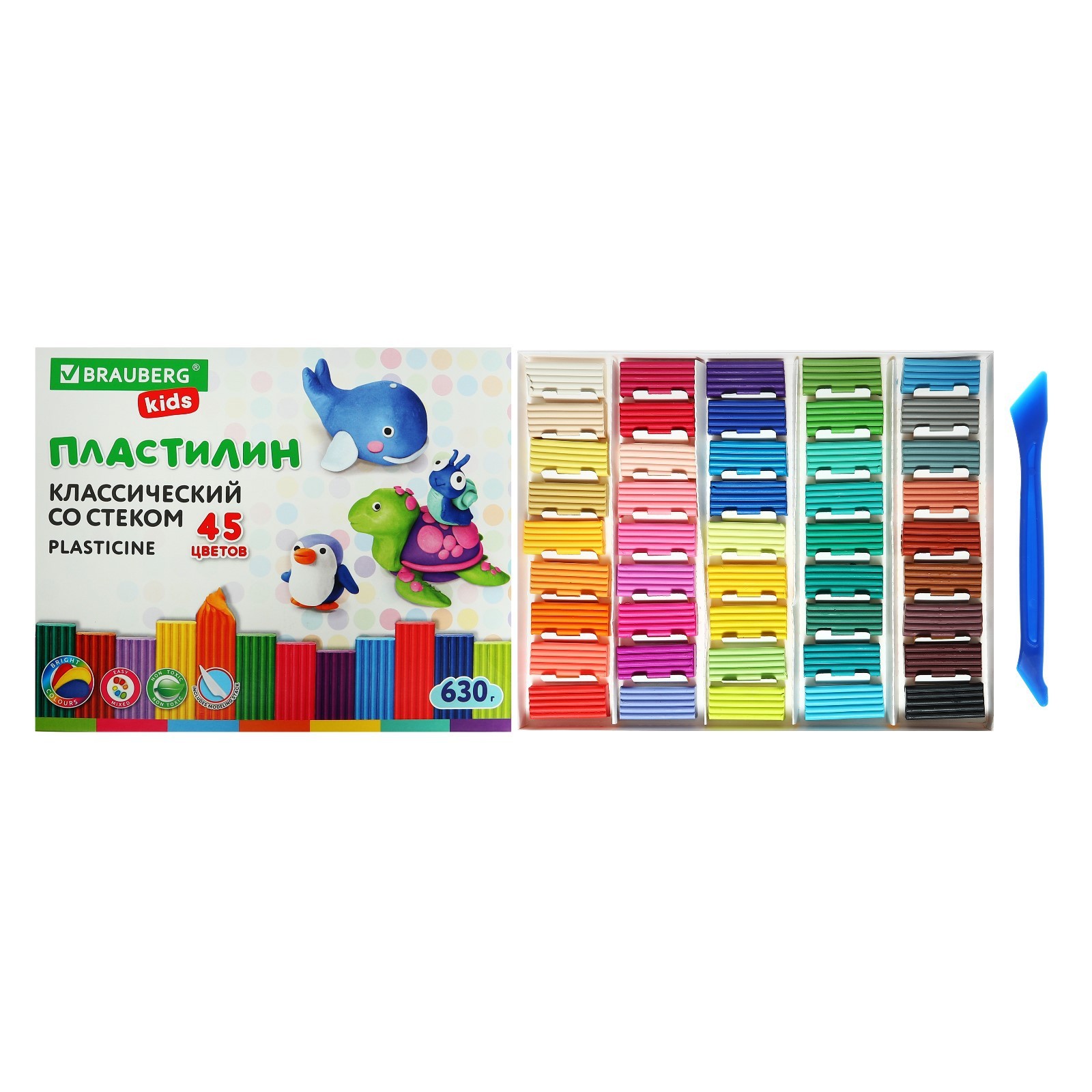 Пластилин 45цв 630г BRAUBERG KIDS, со стеком.ВЫСШЕЕ КАЧЕСТВО (106680 ...
