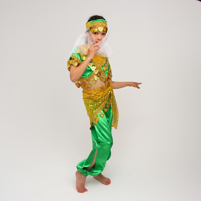 Карнавальный костюм Восточный "Азиза в штанах"зелено-желтый,блузка,штаны,косынка,повязка,р-р