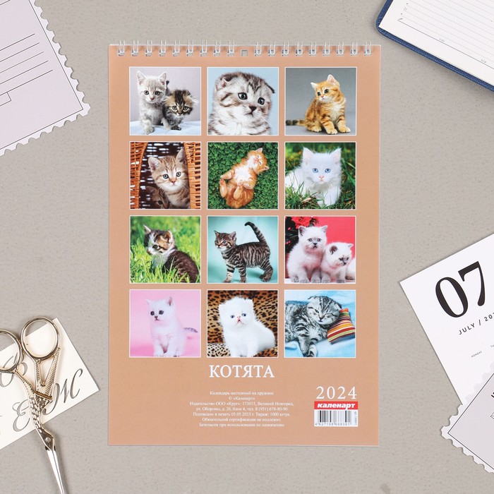 Календарь на пружине без ригеля "Котята" 2024 год, 17х25 см 9928455