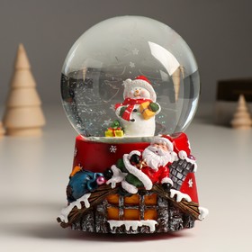 Сувенир полистоун водяной шар музыка механ. "Снеговик и спящий Дед Мороз" 11,5х11,5х14 см