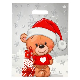 Пакет подарочный новогодний «Мишка с подарками», полиэтиленовый с вырубной ручкой, гл 40?31 см (комплект 50 шт)