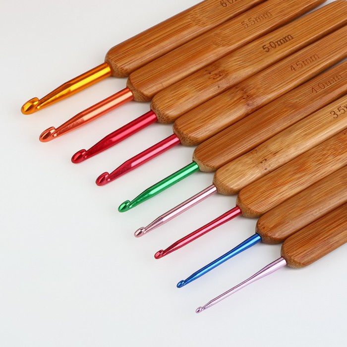 Набор крючков для вязания, с бамбуковыми ручками, d = 2-6 мм, 13,5 см, 9 шт