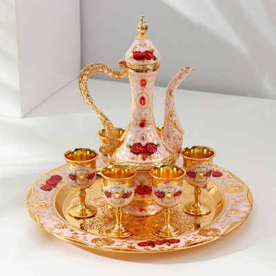 Набор посуды сувенирной: винный кувшин, 6 бокалов, поднос «Стамбул. Красные розы, узоры», белый с золотом