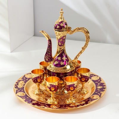 Набор посуды сувенирной: винный кувшин, 6 бокалов, поднос «Стамбул. Цветы», фиолетовый с золотом