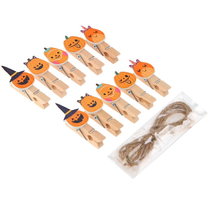 Прищепки декоративные с верёвкой для подвеса «Тыковки на хэллоуин» набор 10 шт., 1,5 × 12 × 14 см
