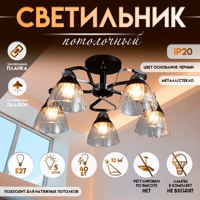 Светильник потолочный BayerLux «Берн», 5×Е27, 40 Вт, чёрный/хромовый, 56×56×25 см