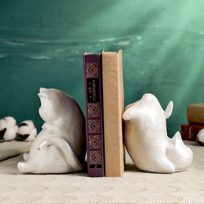 Держатель-подставка для книг "Два кота" набор, белые с серебром, 15см