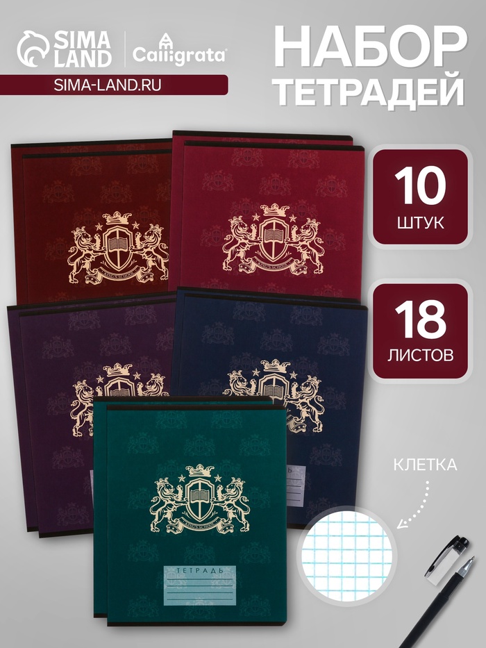 Комплект тетрадей из 10 штук, 18 листов в клетку Calligrata «King's school», обложка мелованный картон, блок офсет, 5 видов по 2 штуки