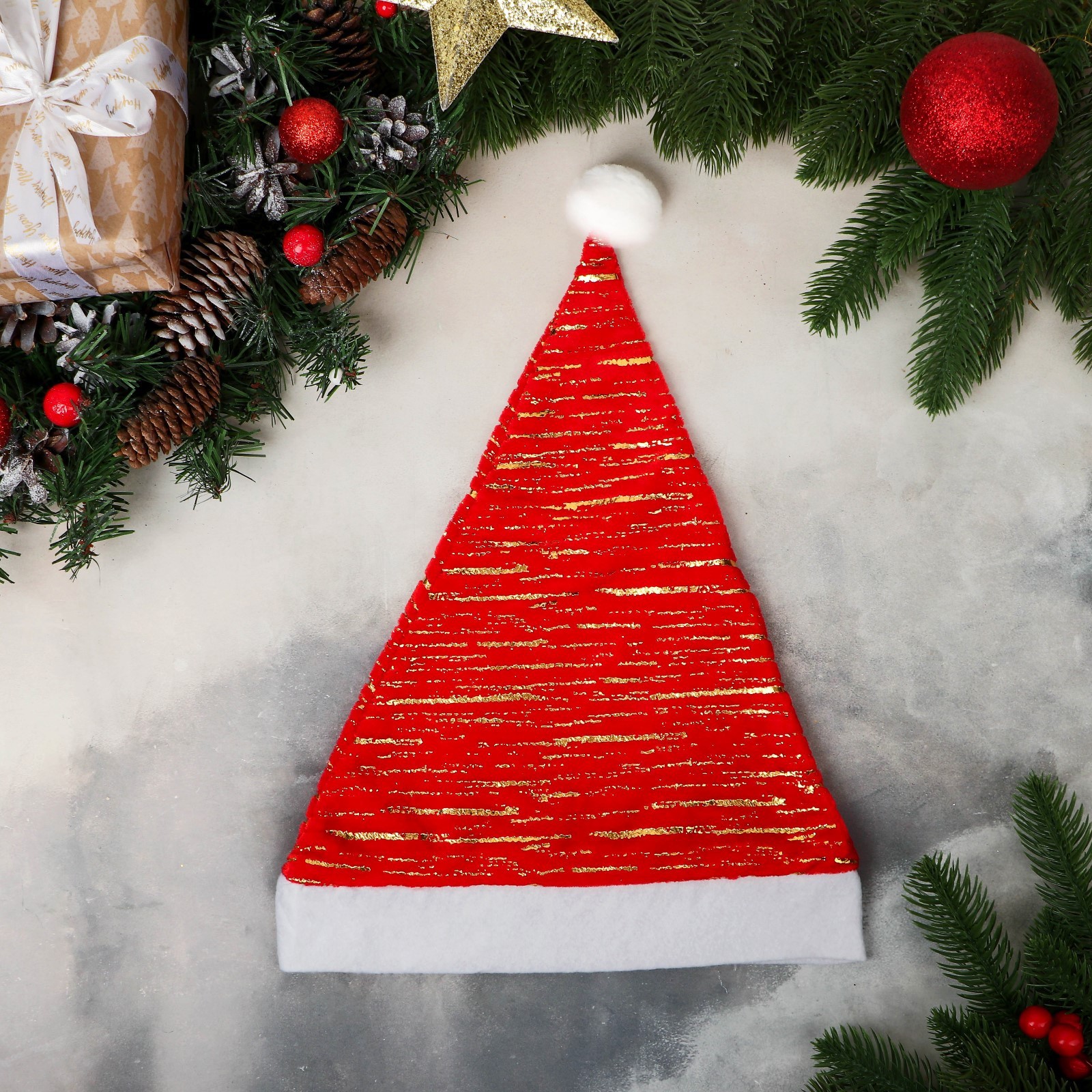 Колпак новогодний "Звёздные полосы" 26х34 см, красный (9692696 ...