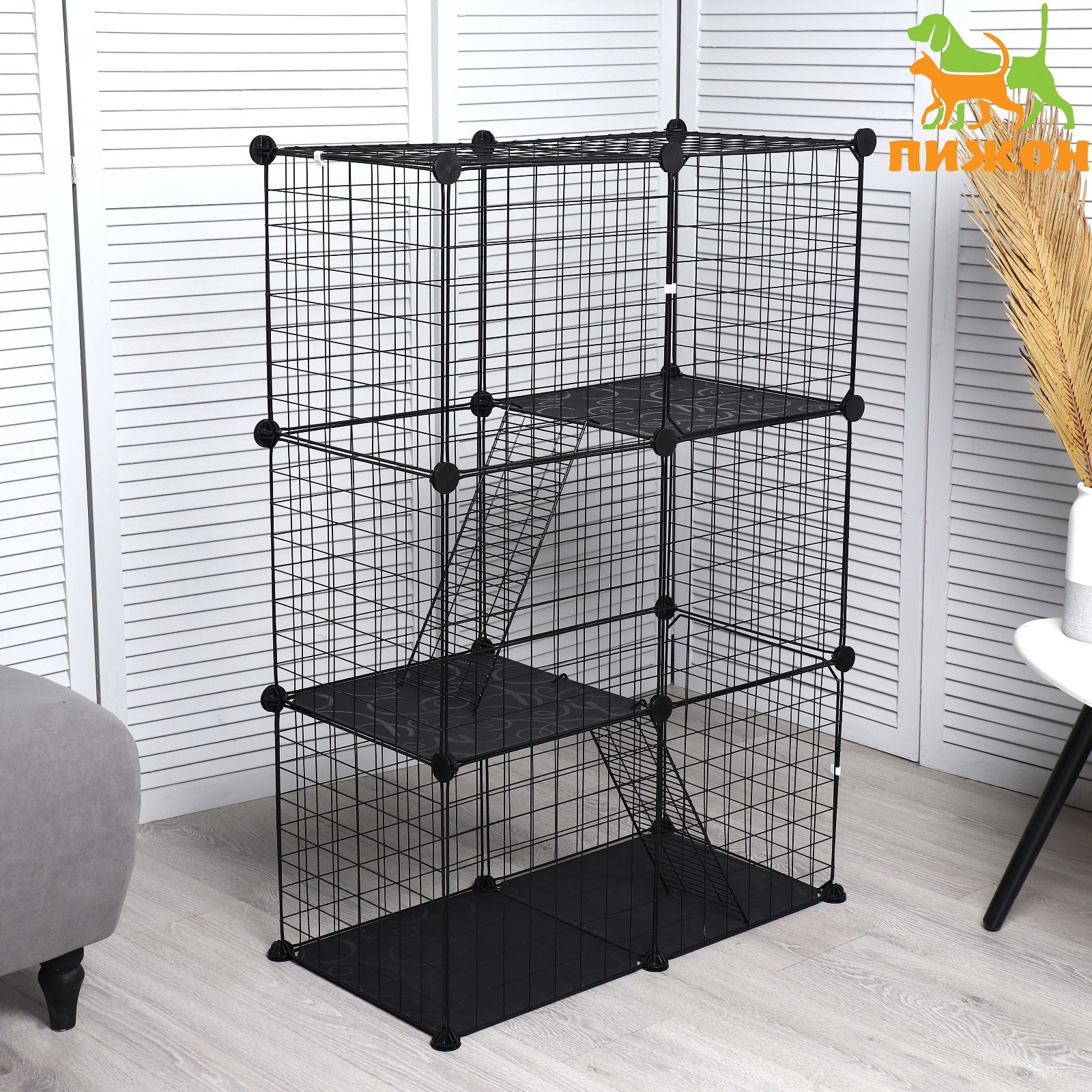 Вольер 24 секции с полками текстильными, металлический, черный, 210 х ...