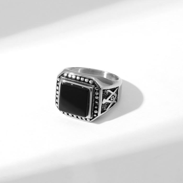 Кольцо мужское «Перстень» линии, цвет чёрный в серебре, 20 размер