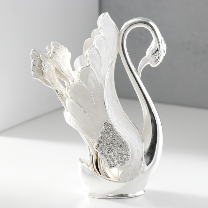Набор из 6 шт сувенирных ложек в виде пера "Белый лебедь со стразами" 5х8,5х15 см - Фото 1