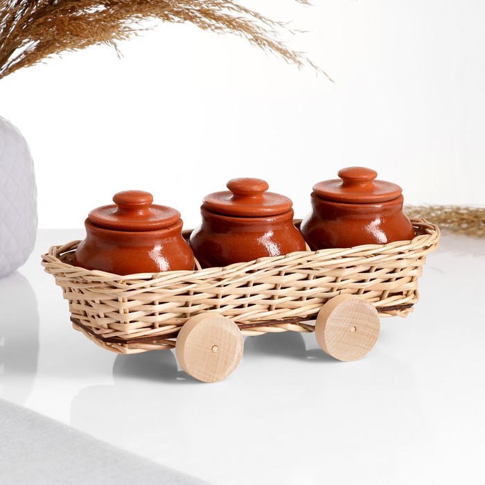 Набор "Вятская керамика специи" 3х0,1л + корзинка из лозы, терракота - Фото 1