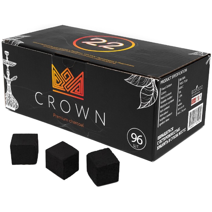 Уголь для кальяна Crown, 96 кубиков, кубик 2.2 х 2.2 см - Фото 1
