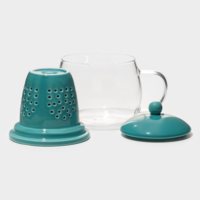 Кружка стеклянная для заваривания с керамическим ситом «Нежность», 300 мл, цвет бирюзовый - фото 115183808