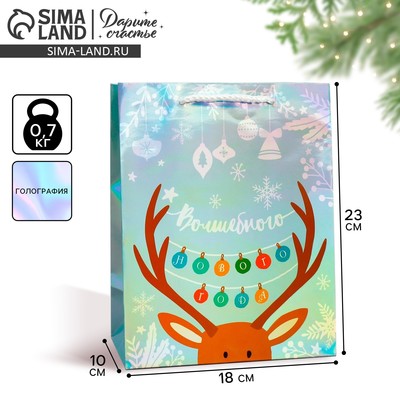 Пакет новогодний подарочный голографический «Волшебного Нового года», MS 18×23×10 см