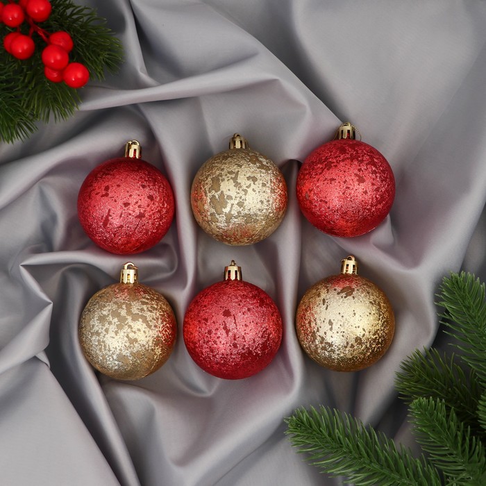 Ёлочные игрушки «Ретро», шары новогодние, d=6 см, набор 6 шт., жёлтый/красный - Фото 1
