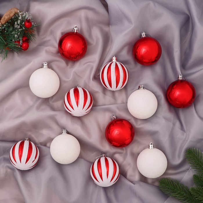Ёлочные игрушки «Агнет» полосы, шары новогодние, d=6 см, набор 12 шт., красно-белый - Фото 1