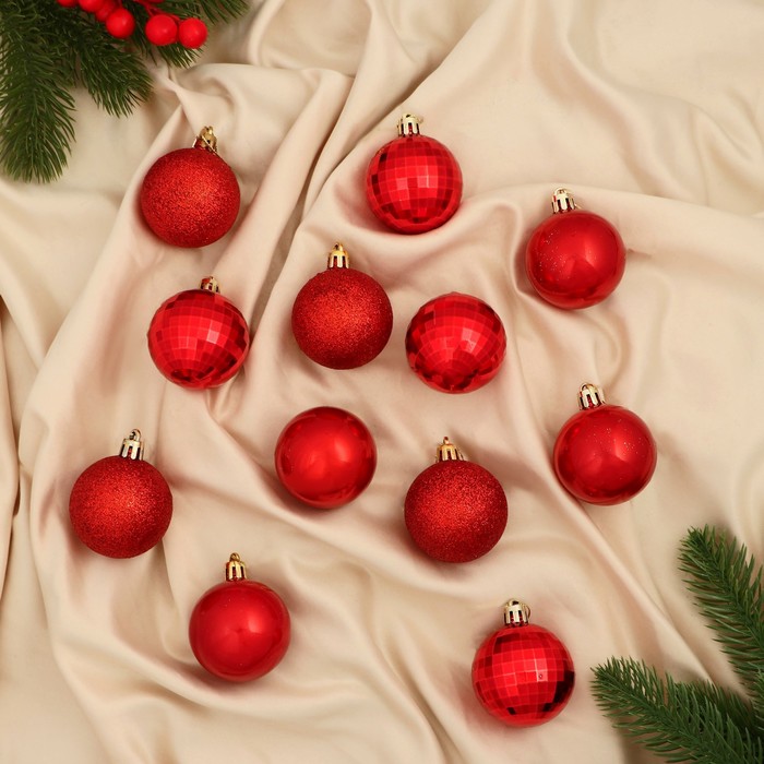 Ёлочные игрушки «Агнет», шары новогодние, d=5 см, набор 12 шт., диско, красный - Фото 1