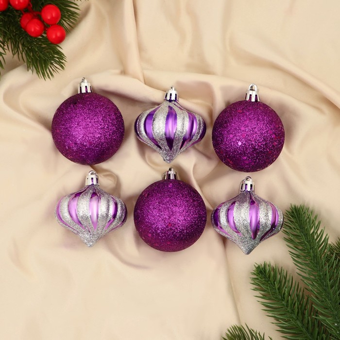Ёлочные игрушки «Агнет», набор 6 шт., d=6 см, серебристо - фиолетовый - Фото 1