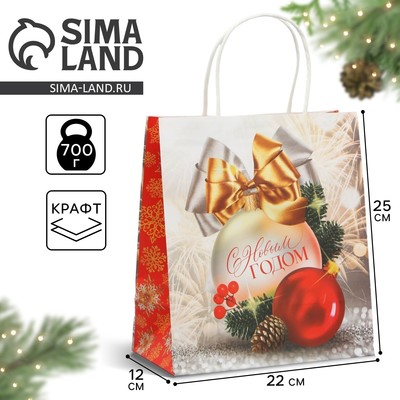 Пакет подарочный новогодний крафтовый «С Новым годом», 22 х 25 х 12 см