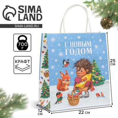 Пакет подарочный новогодний крафтовый «Новогоднее веселье», 22 х 25 х 12 см