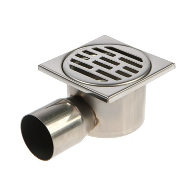 Трап ZEIN engr, 100×100 мм, горизонтальный, d=50 мм, угловой выпуск, нержавеющая сталь