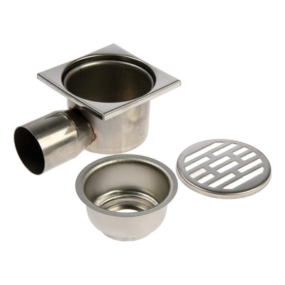 Трап ZEIN engr, 100×100 мм, горизонтальный, d=50 мм, угловой выпуск, нержавеющая сталь