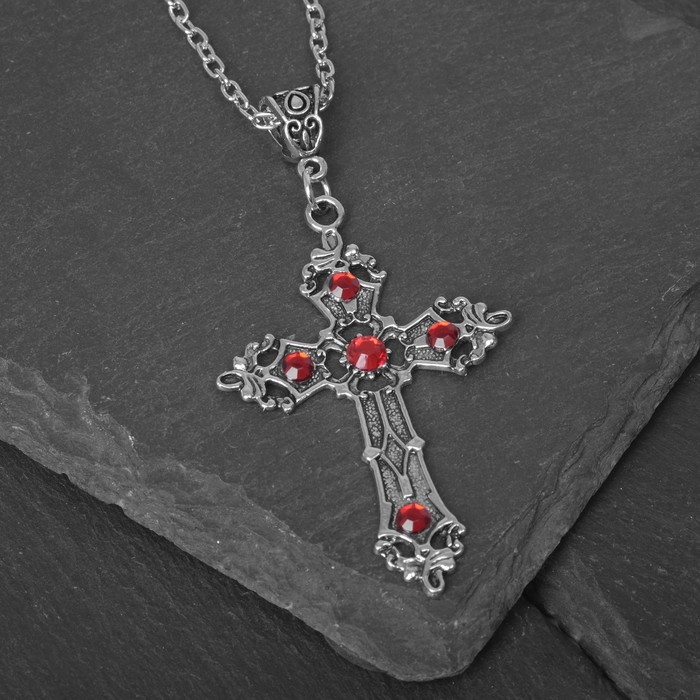Кулон "Готика" крест, цвет красный в серебре, 52,5 см