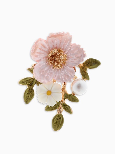 Брошь «Цветы на ветке», розовая, белый в золоте