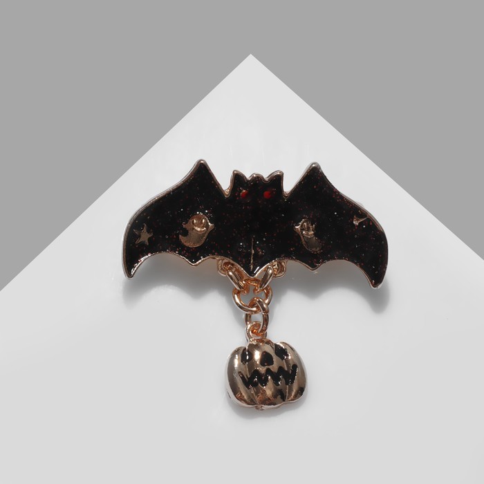 Брошь «Летучая мышь» крылатая с тыквой, цвет чёрный в золоте - Фото 1
