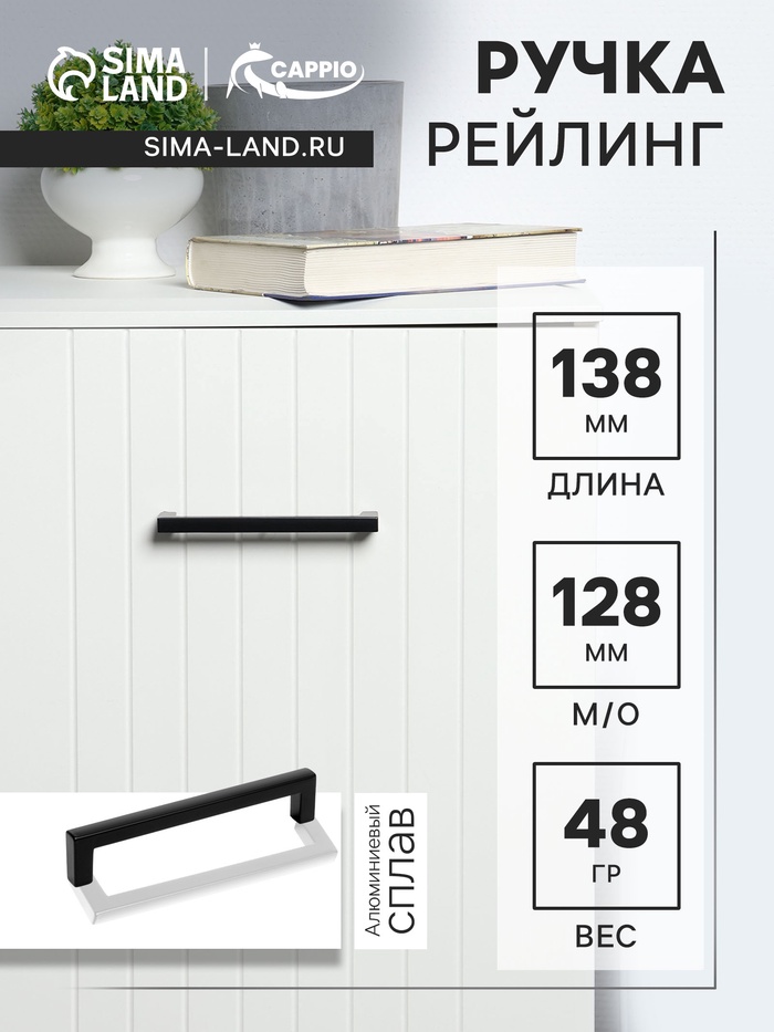 Ручка-скоба CAPPIO SQUARE RSC007, алюминий, м/о 128 мм, цвет черный - Фото 1
