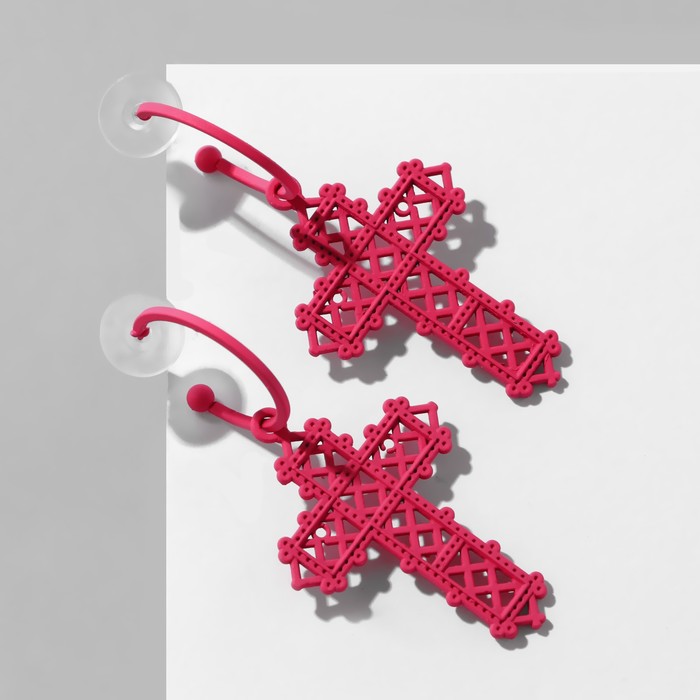 Серьги с эмалью «Крестик» ажурный, цвет матовый розовый - Фото 1