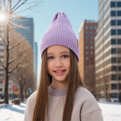 Шапка для девочки MINAKU: Cozy Winter с отворотом, сиреневая, размер 52-56 (5-7 лет)