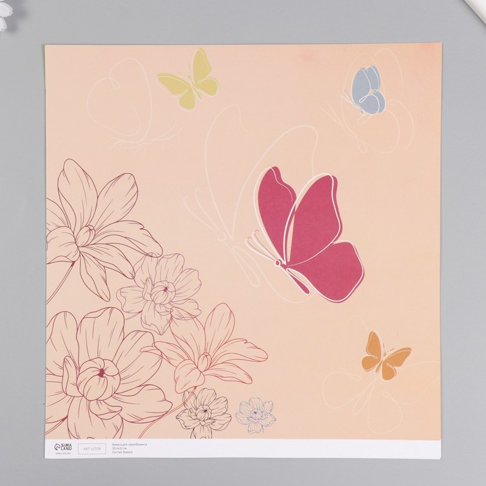 Бумага для скрапбукинга "Бабочки с цветами" плотность 180 гр 30,5х32 см