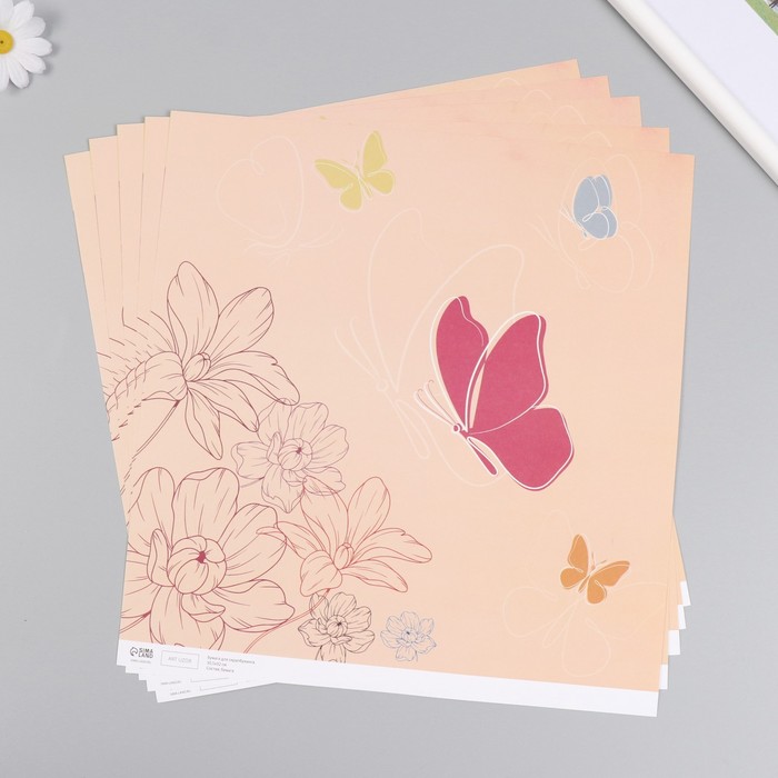 Бумага для скрапбукинга "Бабочки с цветами" плотность 180 гр 30,5х32 см