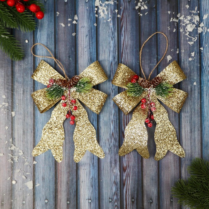 Ёлочные игрушки 2 шт. «Зимнее волшебство. Бант элит» пластик, 12×14 см, золото - Фото 1