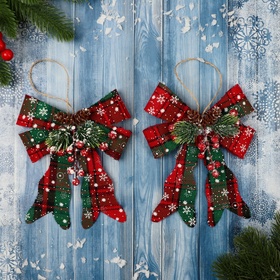 Ёлочные игрушки 2 шт. «Зимнее волшебство. Бант» пластик, клетка, 12×14 см, красный