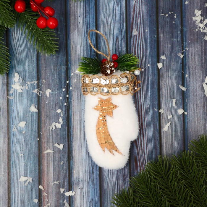 Ёлочная игрушка «Рукавичка, падающая звезда» 7×13 см, белый - Фото 1