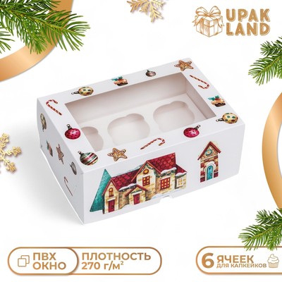 Коробка для 6 капкейков с окном «Рождественский домик», 25×17×10 см, упаковка