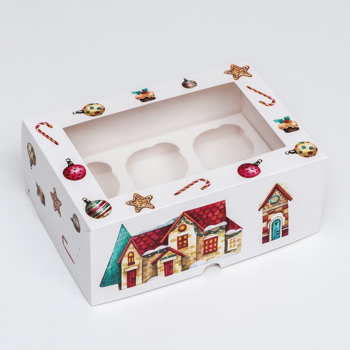 Упаковка на 6 капкейков с окном "Рождественский домик", 25 х 17 х 10 см - Фото 1