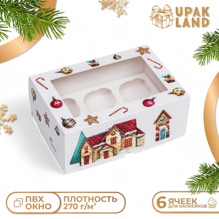 Коробка для 6 капкейков с окном «Рождественский домик», 25×17×10 см, упаковка - Фото 1