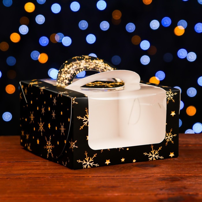 Коробка под бенто-торт с окном "Новогодние звезды", 14 х 14 х 8 см - Фото 1
