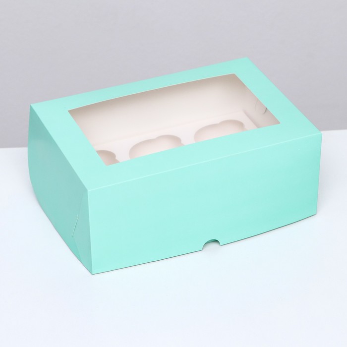 Упаковка на 6 капкейков с окном, зелёная, 25×17×10 см - Фото 1